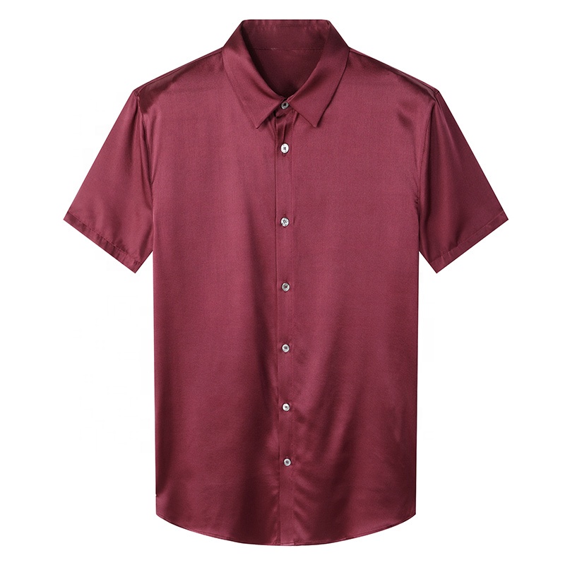 2024 High Quality Business Stand Collar Silk Shirt For Men Solid Color 90.4% Silk Short Sleeve Men 's Shirt