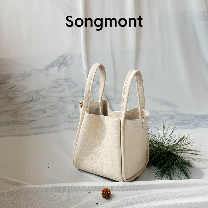 Songmont Medium Vegetable Basket Series Women's Designer Top Layer Cowhide Large Capacity Commuter Handbag_Milk Apricot_New Version Canvas Liner Bag